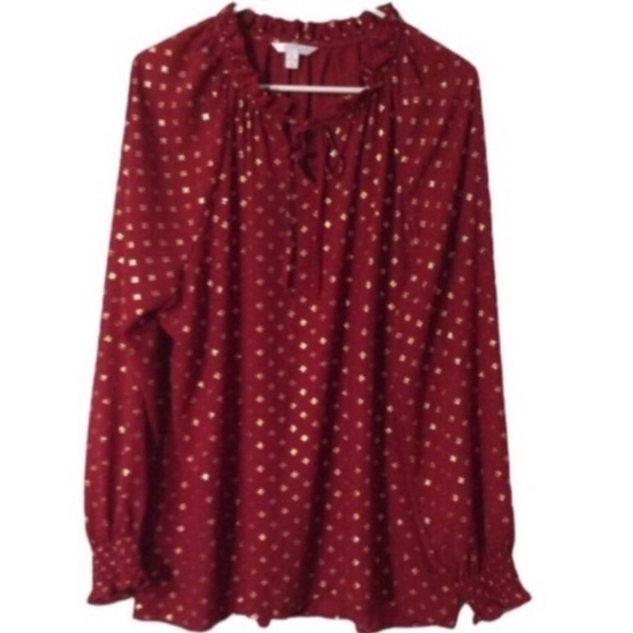 Time and Tru Tops - TIME AND TRU Red And Gold FOIL Peasant Blouse Size XL